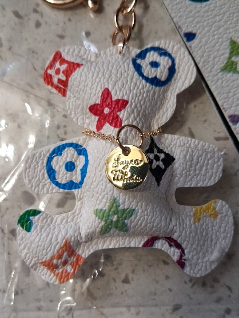 White Multicolor Bear Keychain with Wrist Strap - Picture 2 of 2
